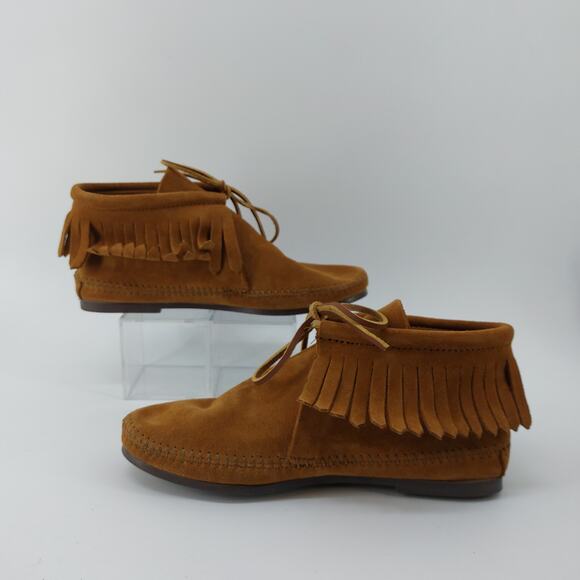 Minnetonka Moccasins Suede Booties Fringe Lace Up Sz 9.5 Boho Western - Picture 3 of 12